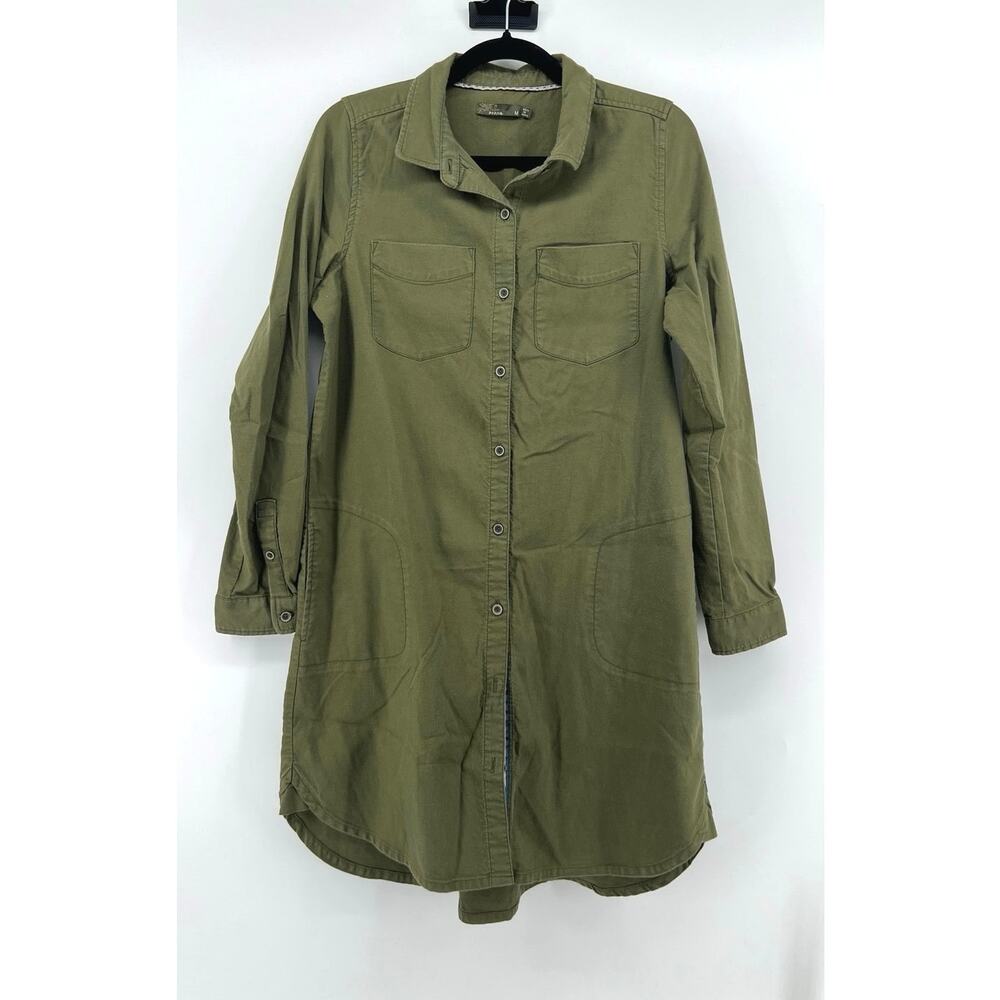 prAna Yarrow Shirt Dress Cargo Olive Green Hemp Blend Long Sleeve Utility M